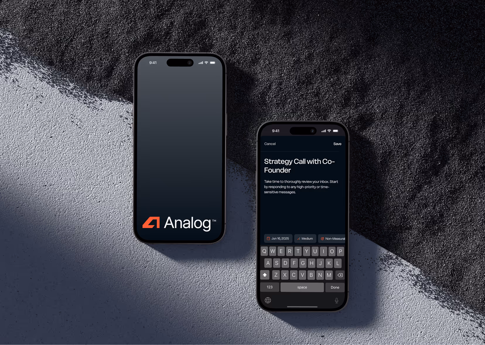 Two smartphones on black and white textured surface; left shows Analog logo, right displays note app.
