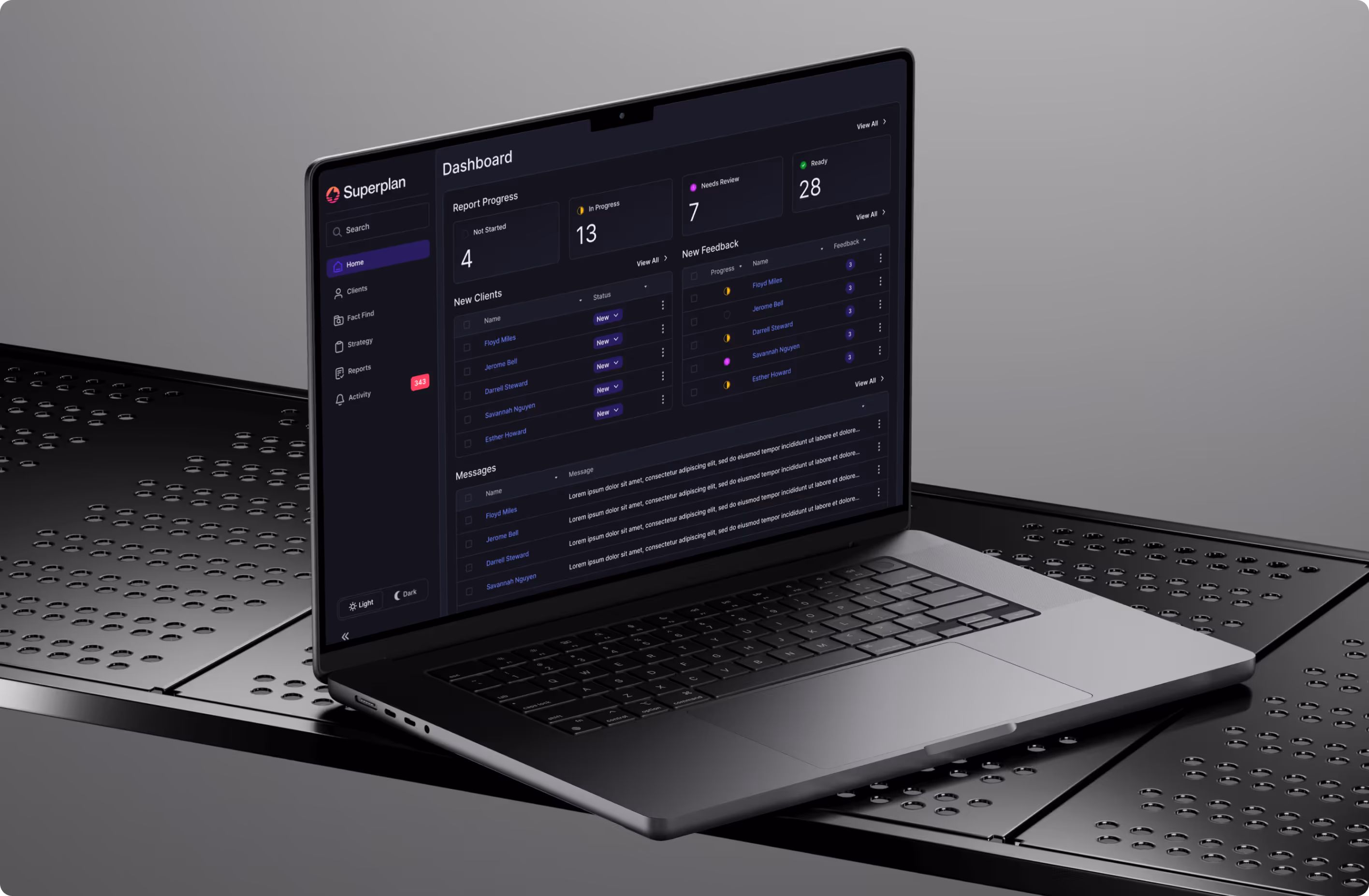 Laptop showing a dark-themed Superplan dashboard with report progress, clients, feedback, and messages.