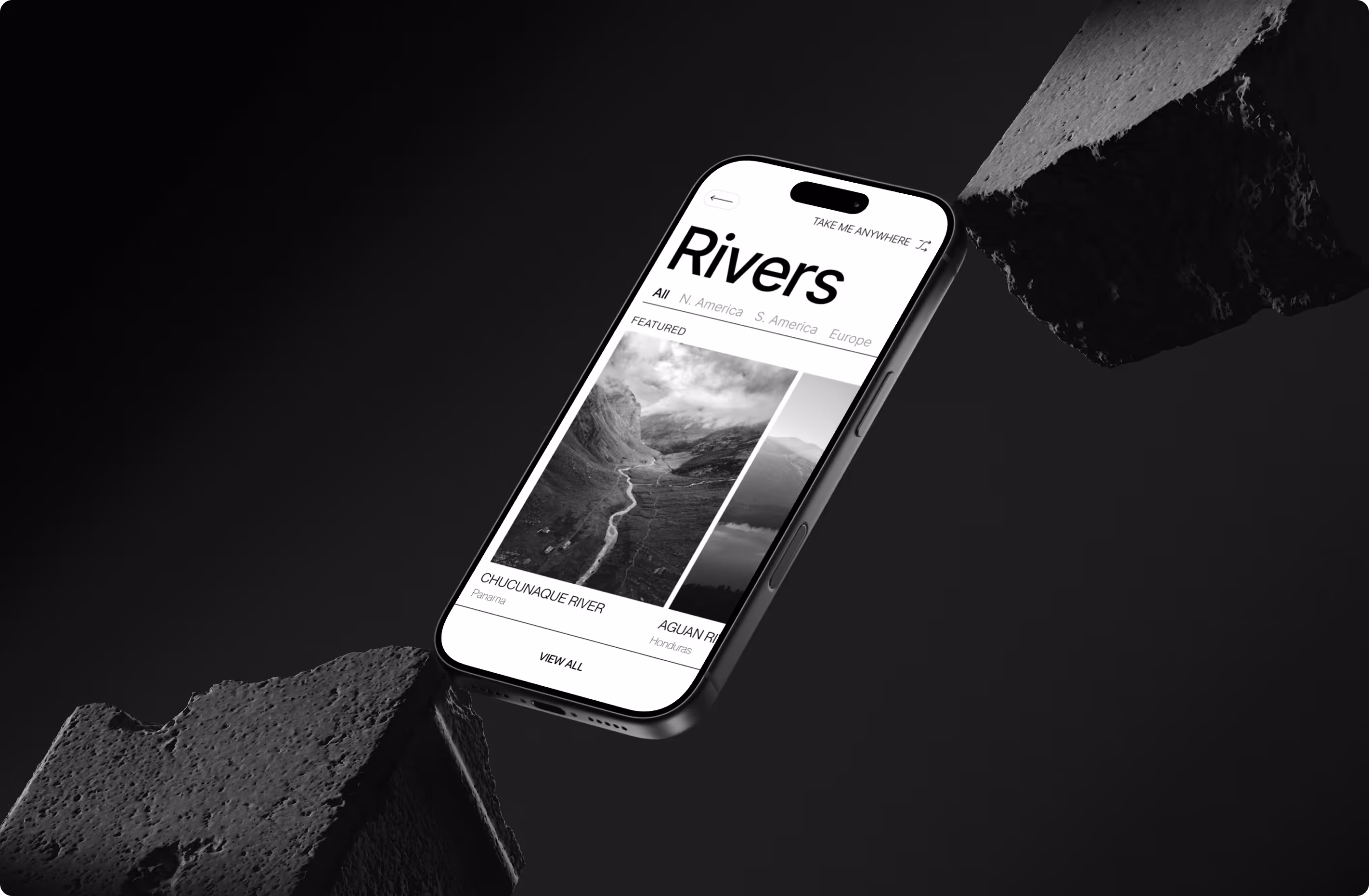 Smartphone screen showing a river guide app with featured rivers in Panama and Honduras.