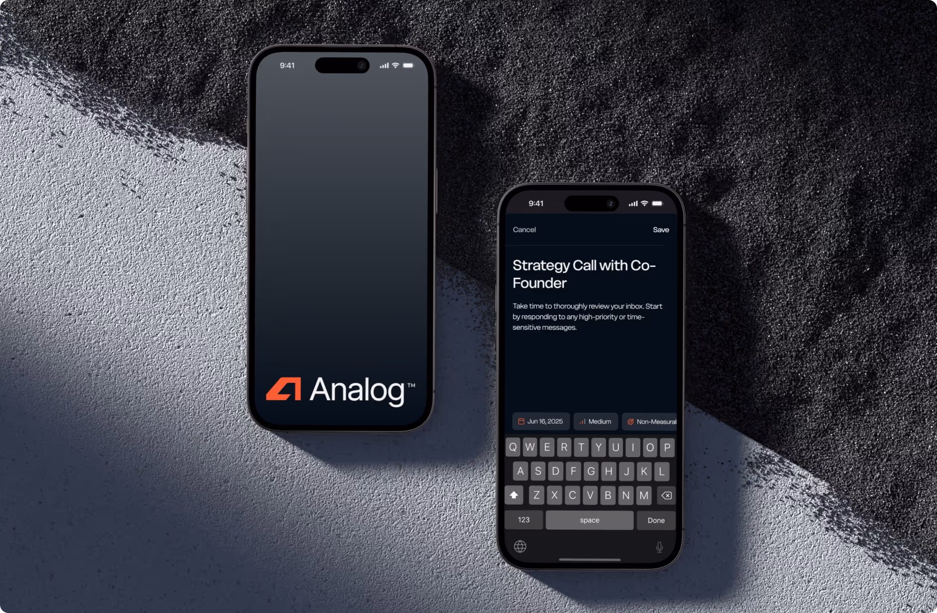 Two iPhones on textured surface; one shows Analog logo, the other a note titled Strategy Call with Co-Founder.