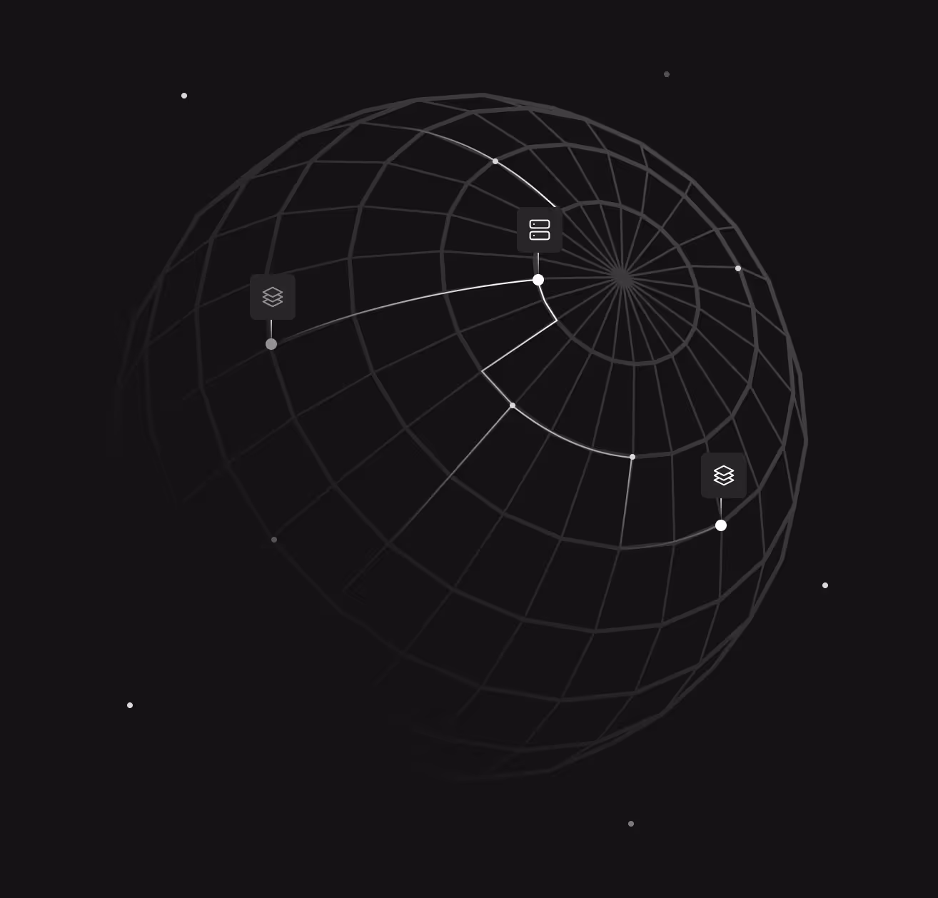 Wireframe globe with nodes connected by lines and database-related icons on a black background.