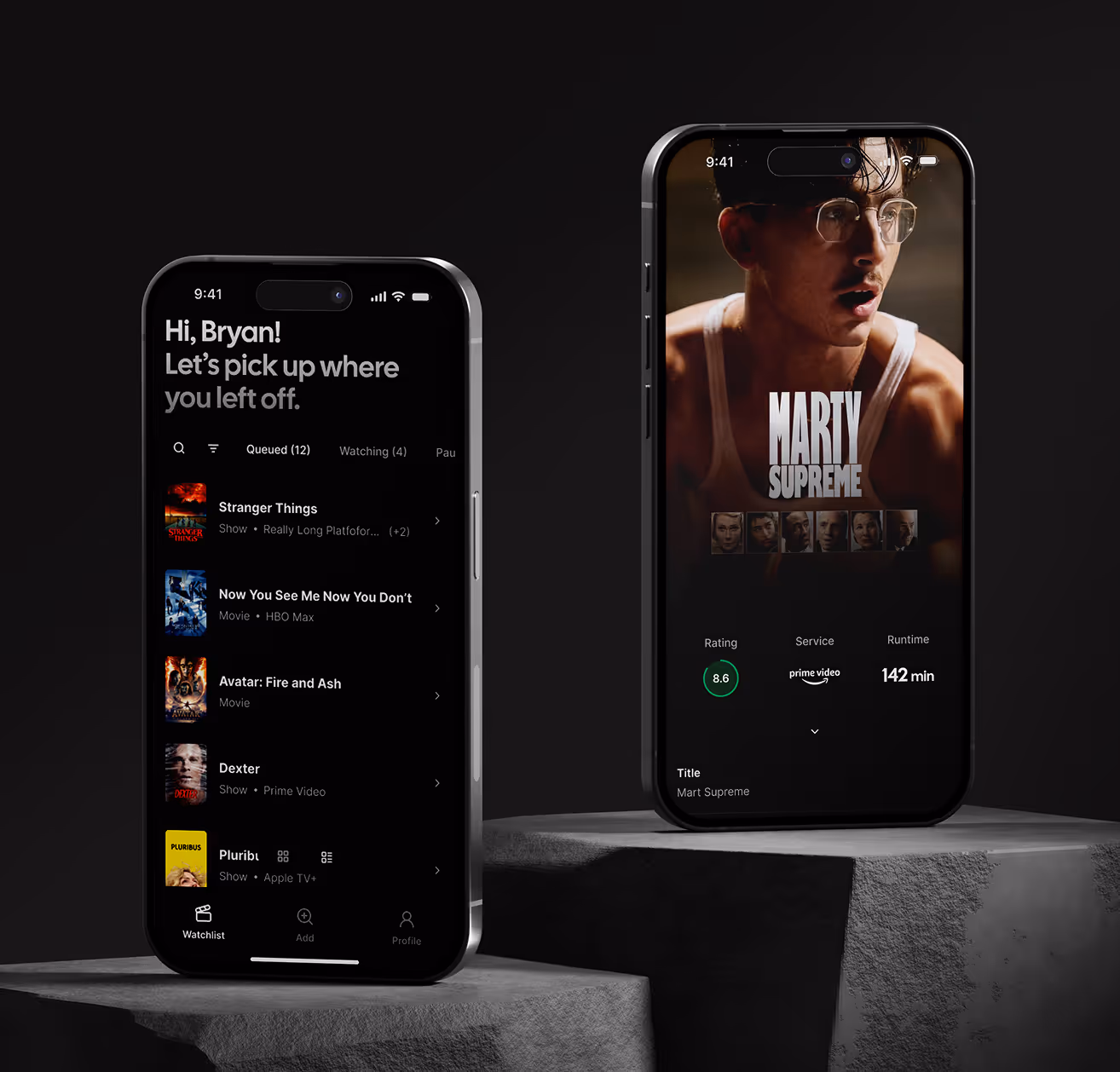 Two smartphones displaying streaming app screens: queued shows and movie details for Marty Supreme.