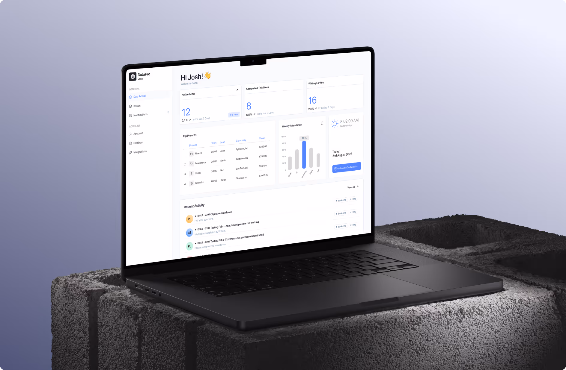 Open black laptop on concrete block displaying a data dashboard with project stats and charts.