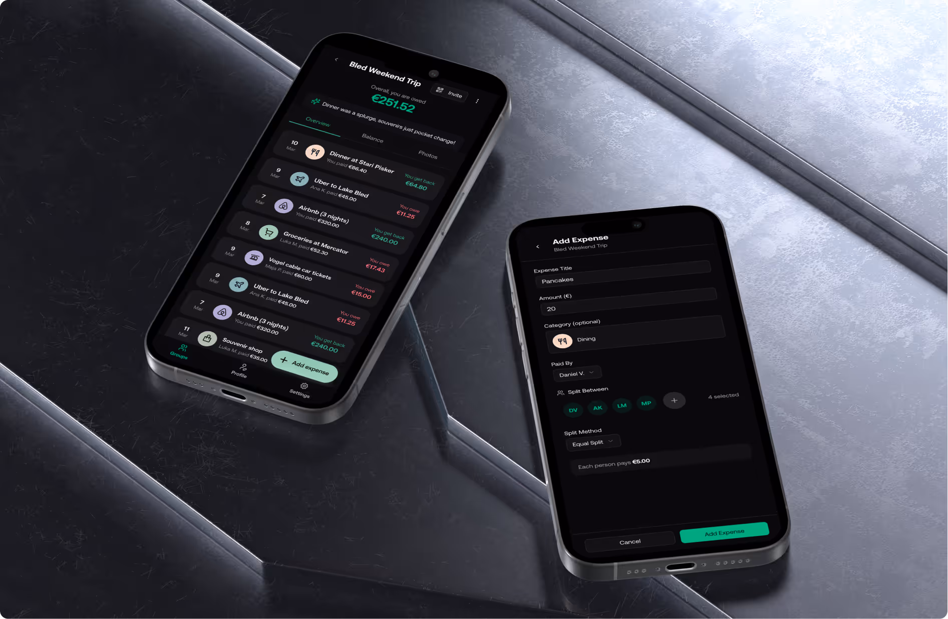 Two phones showing a trip expense app with a balance overview and an add expense form for pancakes.