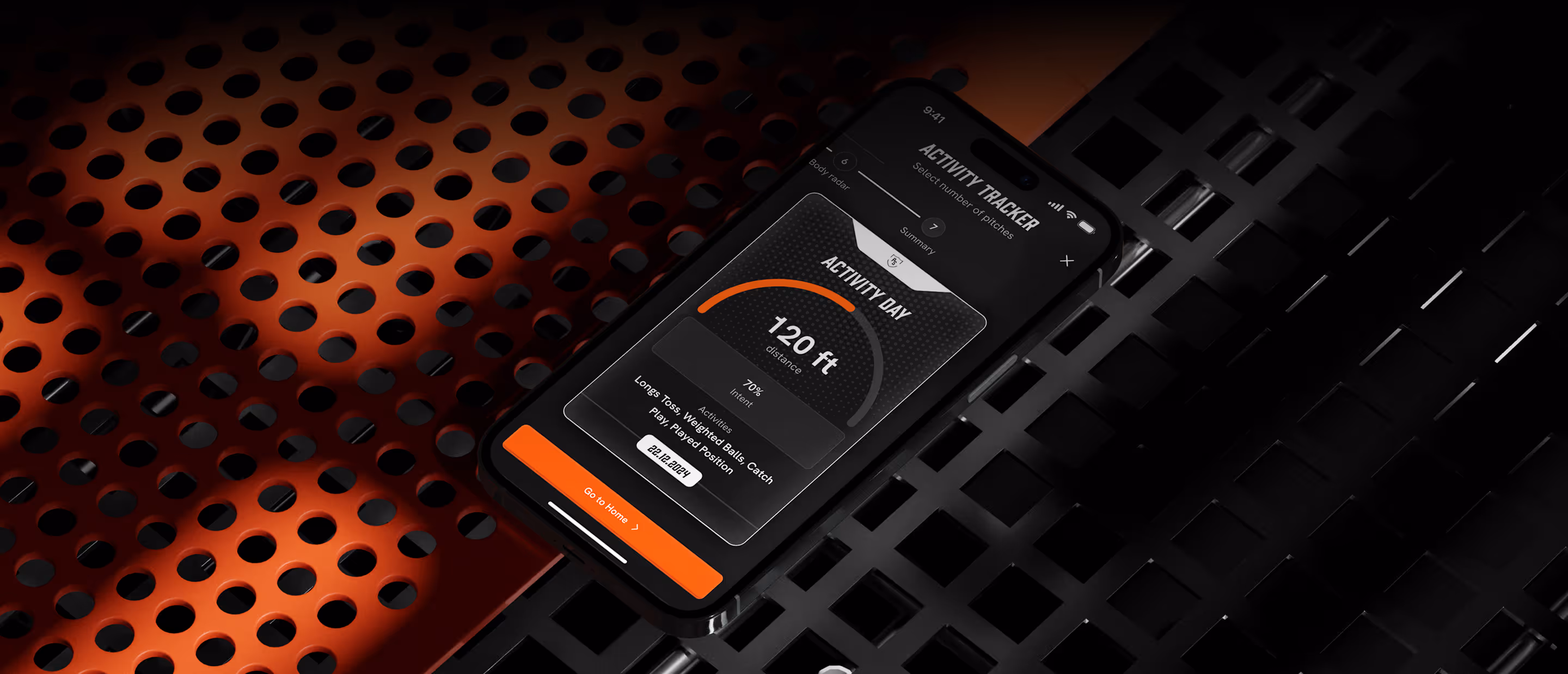 Smartphone screen showing activity tracker app measuring 120 ft distance and 70% intent.