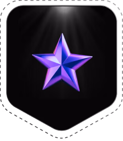 Purple rocket icon with glowing blue accents inside a black shield-shaped badge.