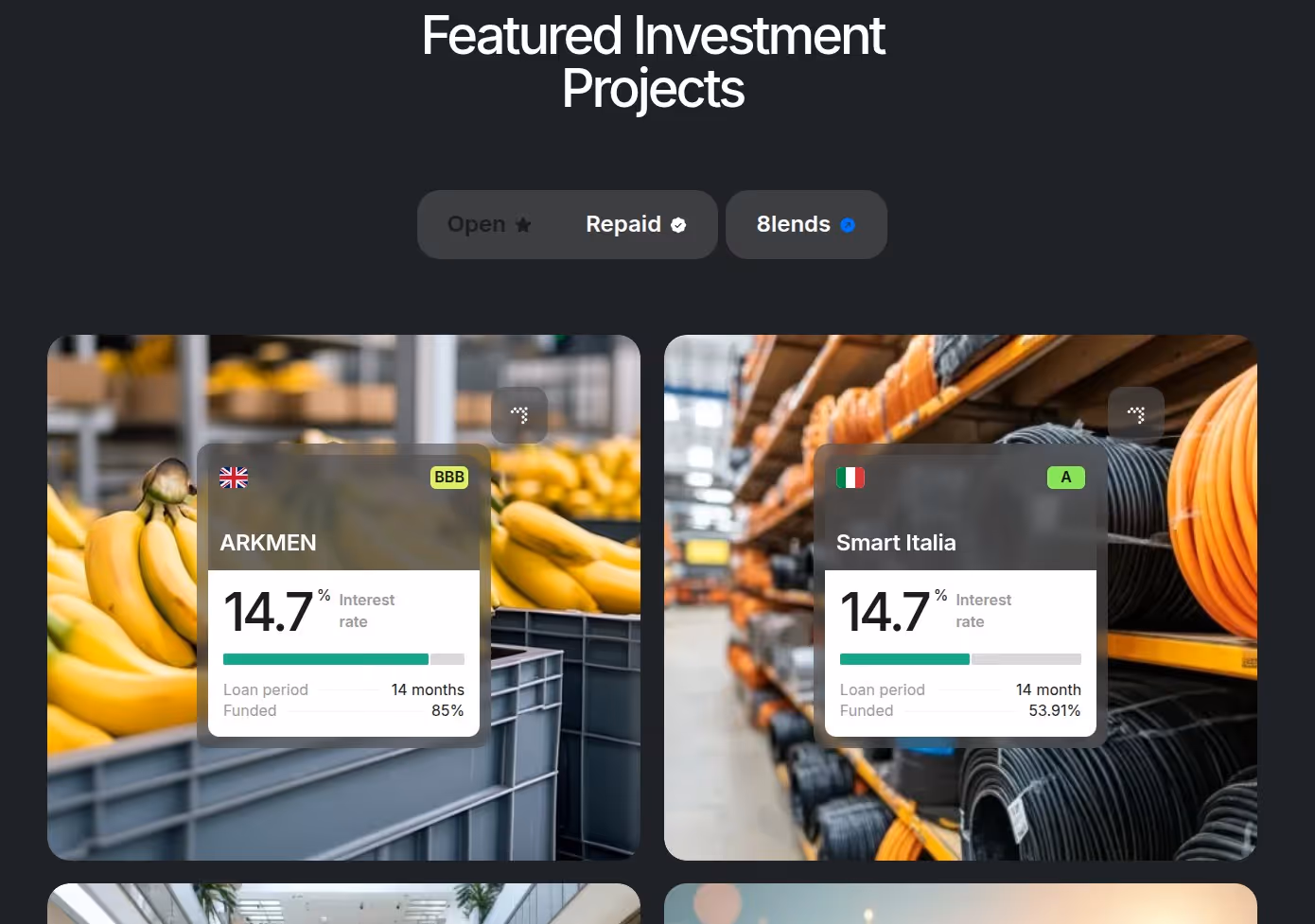 Screenshot of the website page maclear.ch where Featured Investment Projects are displayed