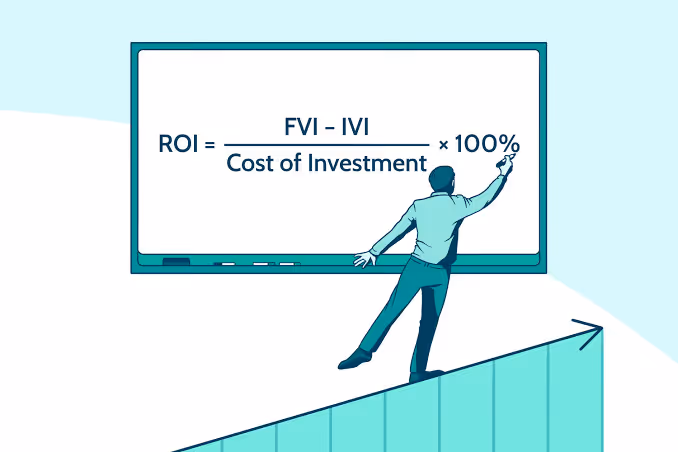 An illustration of a man writing the ROI formula on a whiteboard while standing on a rising bar chart.