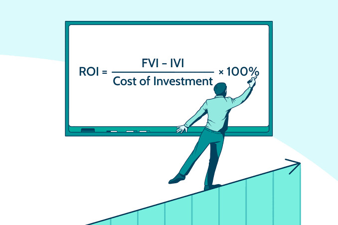 An illustration of a man writing the ROI formula on a whiteboard while standing on a rising bar chart.