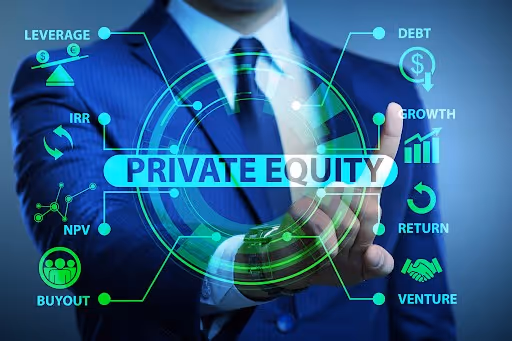 Private equity concept image with businessman touching digital interface showing key investment metrics like IRR, leverage, and buyout terms