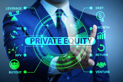 Private equity concept image with businessman touching digital interface showing key investment metrics like IRR, leverage, and buyout terms