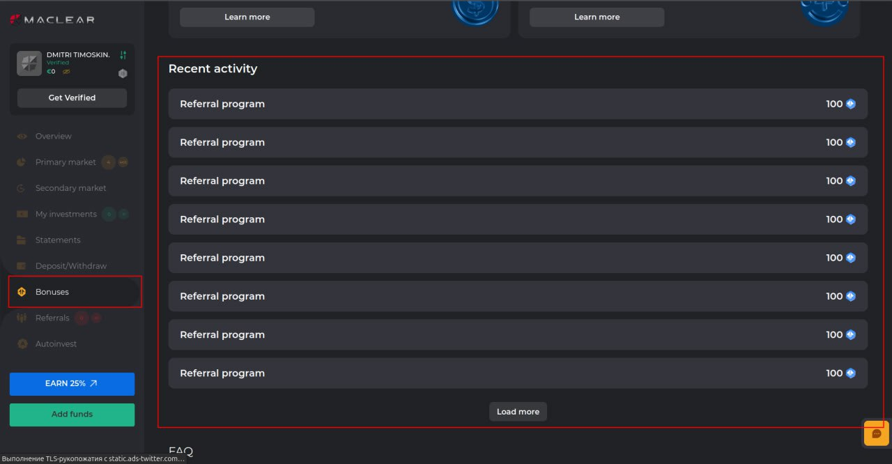 Maclear activity history - referral program transaction list with 100 points earned per action
