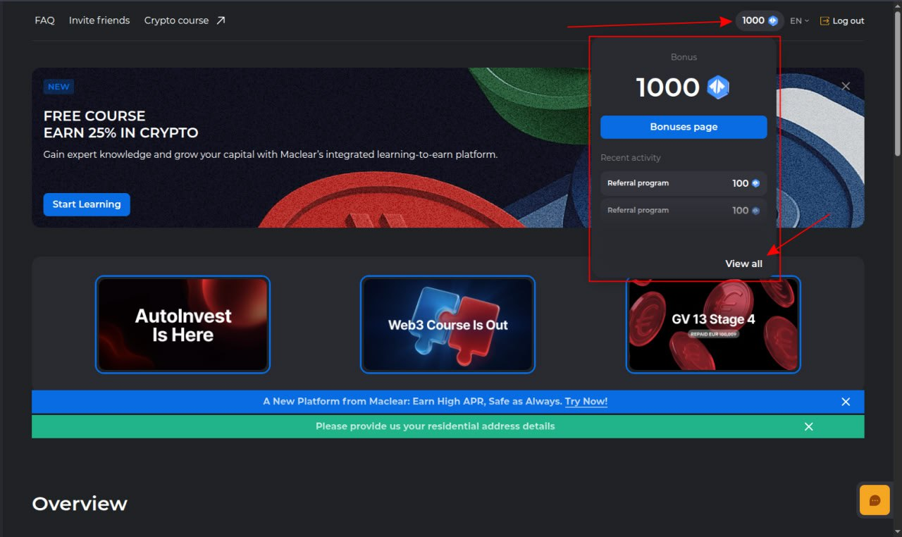Maclear bonus system - displaying accumulated 1000 points and referral program with payouts