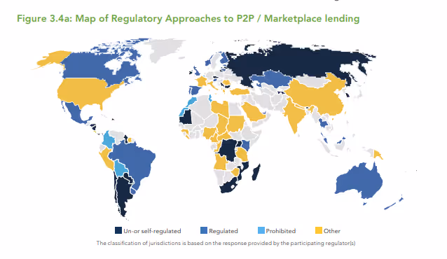 Global map of P2P and marketplace lending regulatory approaches by country