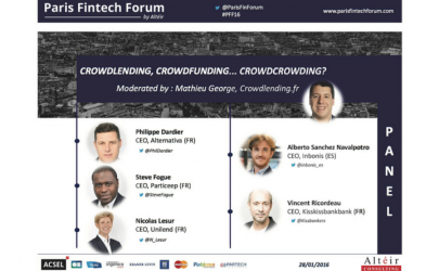 Speaker panel at the Paris Fintech Forum discussing crowdlending, crowdfunding, and the evolution of the P2P community.