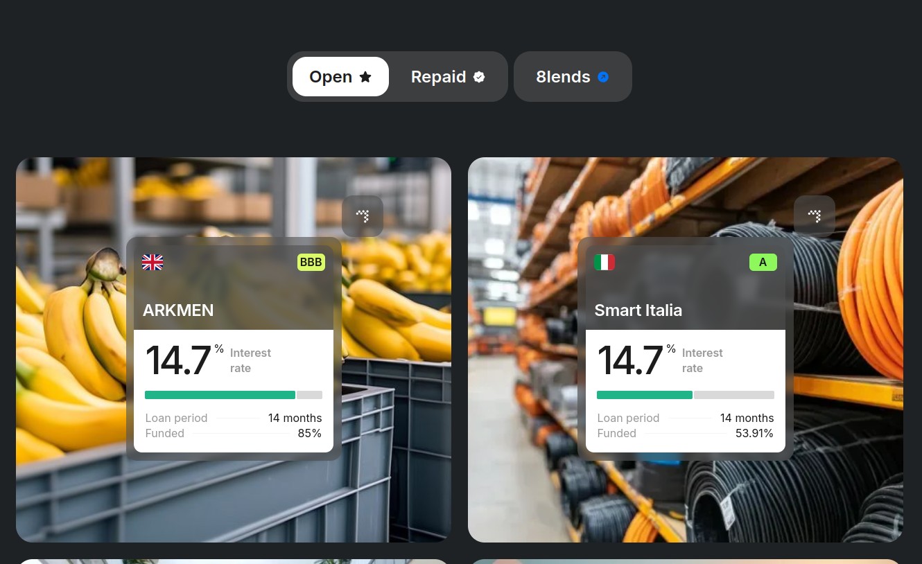 Crowdlending platform dashboard showing investment opportunities including a green energy project in Italy with 14.7% interest rate and consumer loans in Bulgaria offering rates between 15% and 21.5%