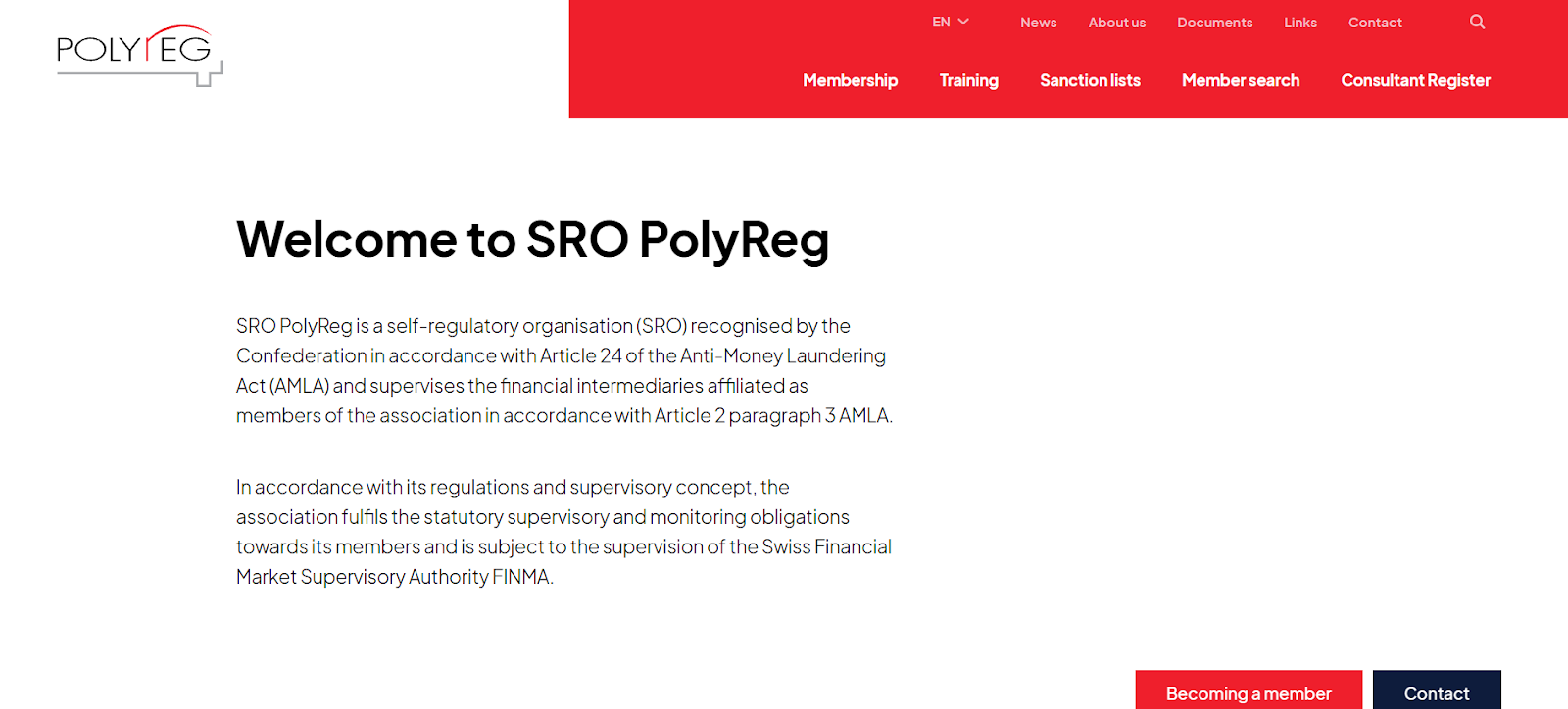 PolyReg self-regulatory organization website homepage showing membership and regulatory oversight services under FINMA supervision