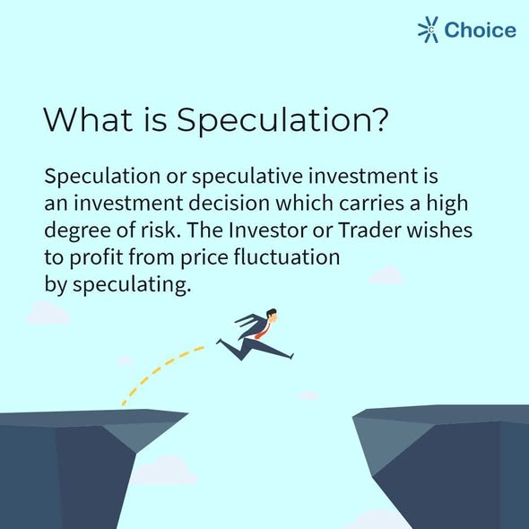 Illustration explaining speculation as a high-risk investment decision aimed at profiting from price fluctuations, depicted by a businessman leaping across a gap between two cliffs