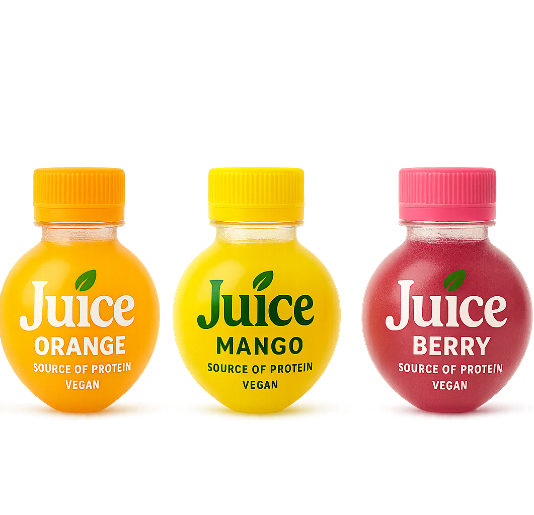 Three round bottles of vegan juice labeled Orange, Mango, and Berry, each a different color with matching caps.