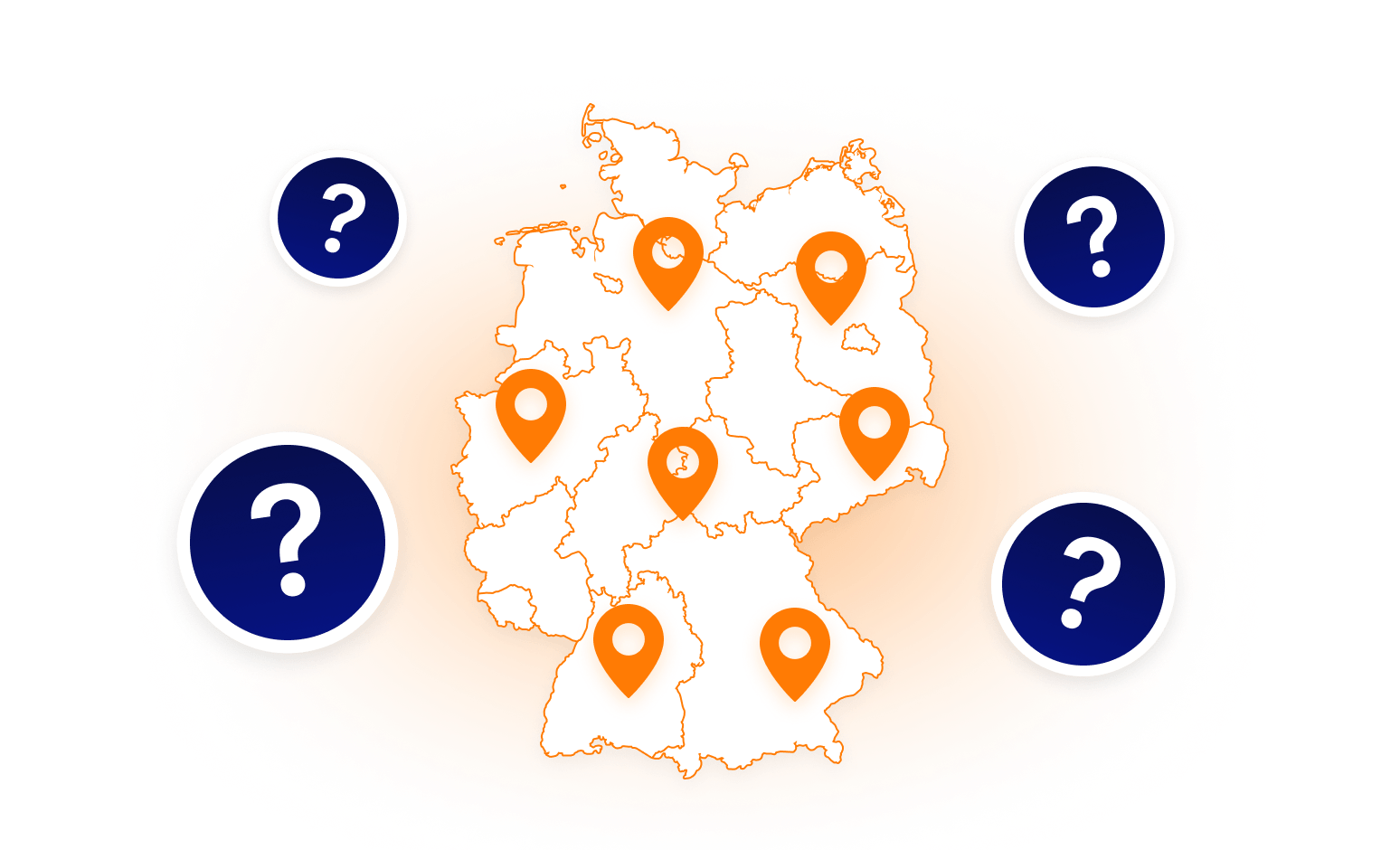 Deutschlandkarte mit Standorten und Fragezeichen