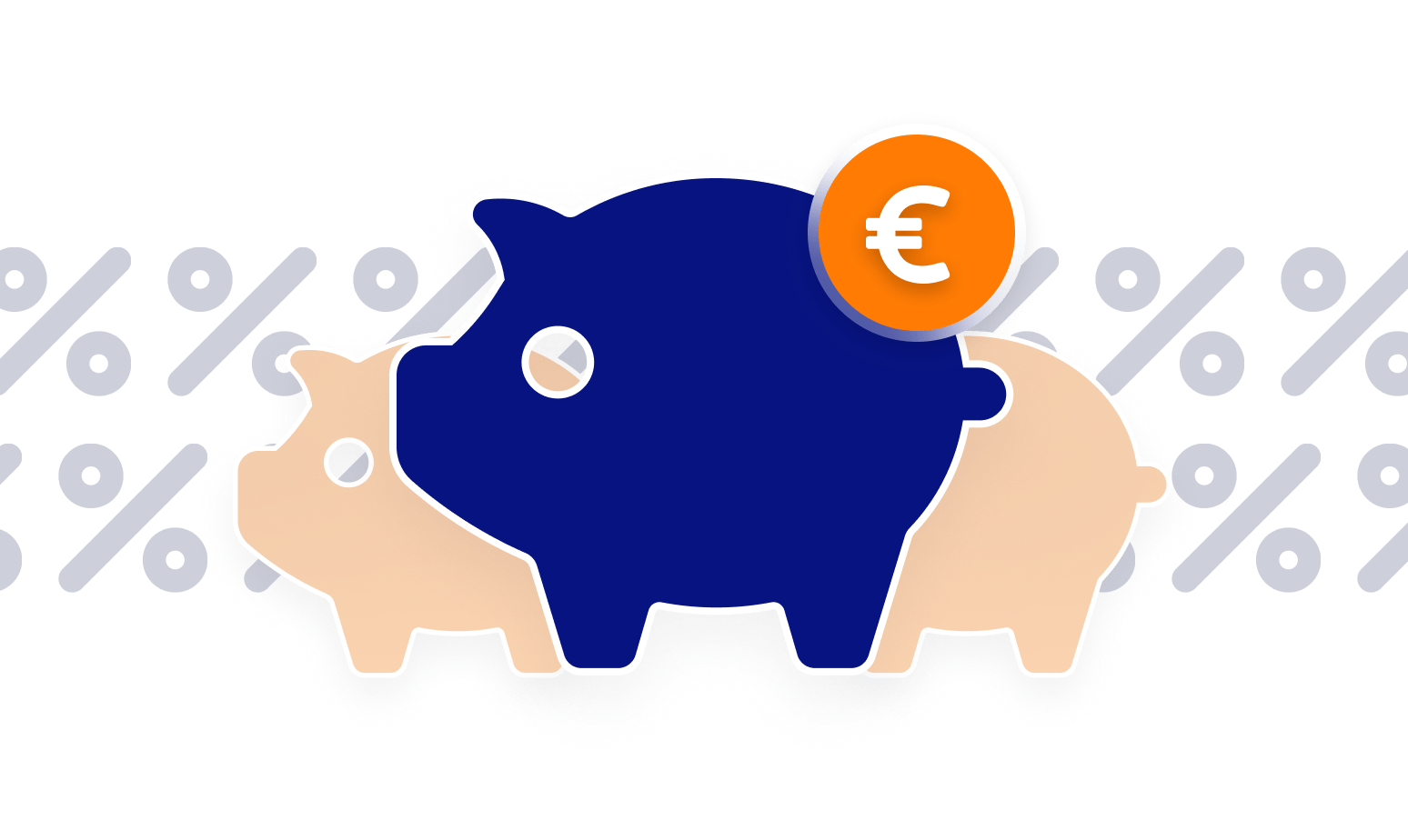 Zweiteiliges Sparschwein mit Euro-Symbol und Hintergrund aus Prozentzeichen – Symbol für steuerliche Vorteile beim Immobilieninvestment.