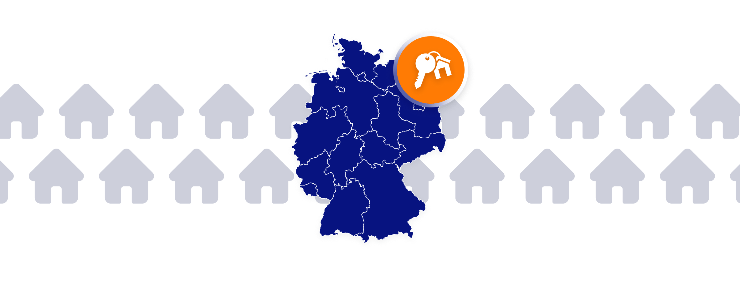 Deutschlandkarte mit Standort-Symbol und darüberliegendem Schlüssel, umgeben von einer Reihe stilisierter Häuser – Symbol für Immobilienstandorte.