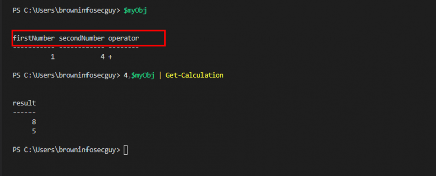 Screenshot: Supplying two objects to Get-Valculation
