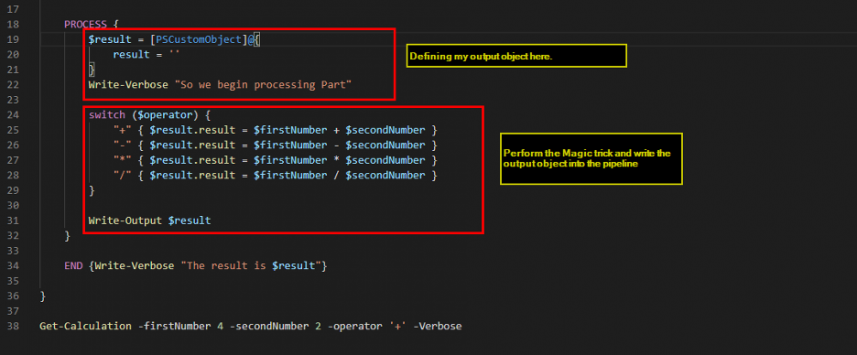 Screenshot: Calculator script. Defining the output object and writing the output into the pipeline