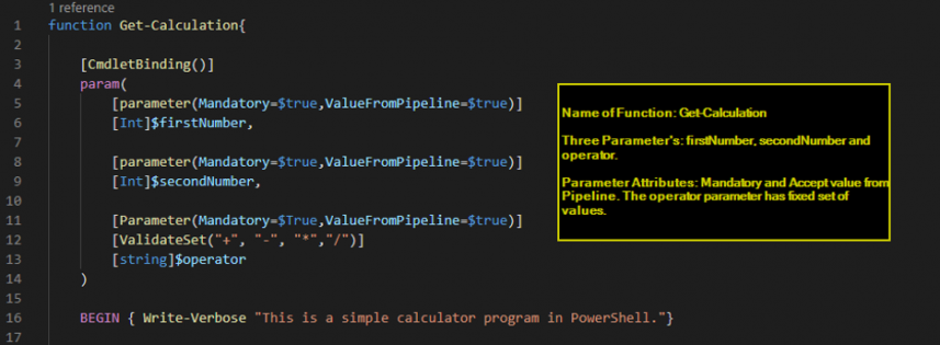 Screenshot: Calculator script. Name of Function: Get-Calculation; Three Parameters: firstNumber, secondNumber and Operator
