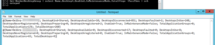 Screenshot: Delivery Group Statistics pasted into Notepad