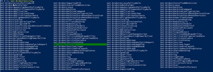 Screenshot: List of available cmdlets in the Citrix Module