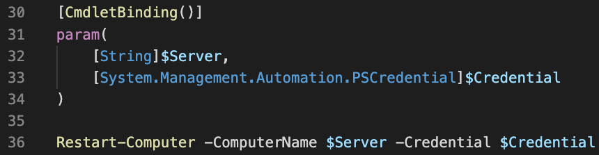 Code snippet in which information is passed to a PowerShell script via parameter binding