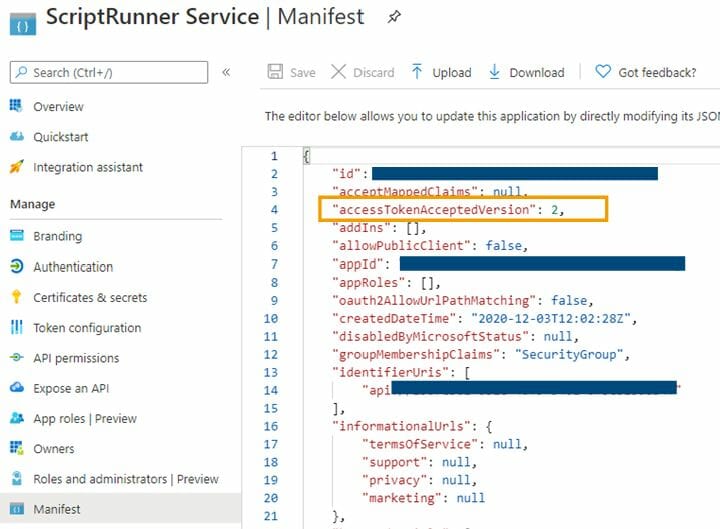 Screenshot of the ScriptRunner service manifest highlighting the access token parameters