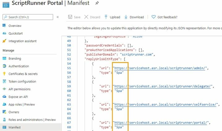 Screenshot of ScriptRunner Portal Manifest: ScriptRunner Web Apps mode is set to