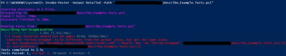 Screenshot: PowerShell output depicting that the first it block test succeeded while the second failed