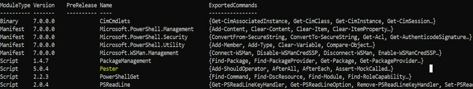 Screenshot: Powershell console displaying details on the Pester PowerShell module