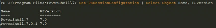 Screenshot: List of endpoint names registered for PowerShell remoting in PowerShell 7