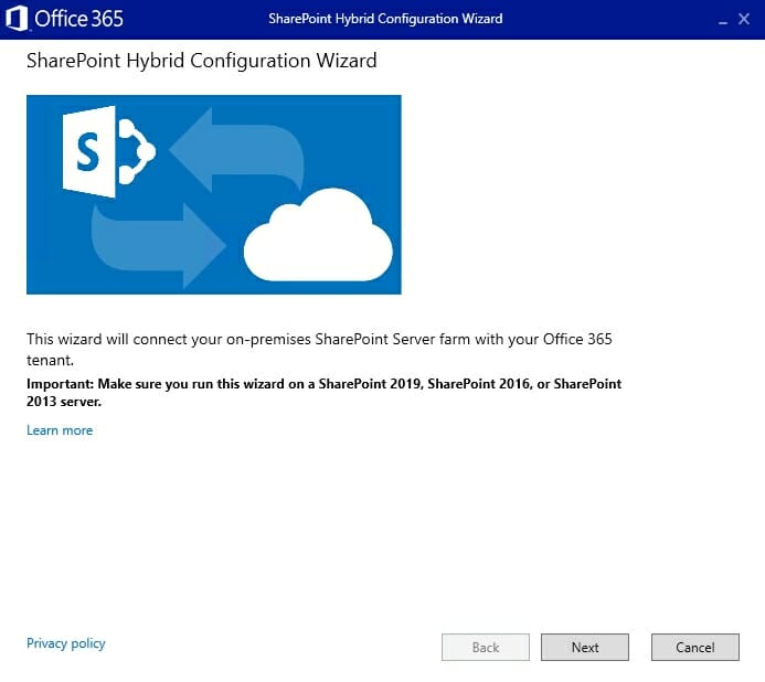 Screenshot of the SharePoint Hybrid Configuration Wizard