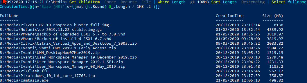 Screenshot of PowerShell ISE: Retrieving details in a given folder and children for any file that exceeds 100MB in size, sorted in descending size order.