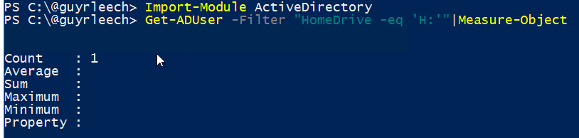 Screenshot of PowerShell ISE: The command descrived in the text delivers as output the number of users whose homedrive equals