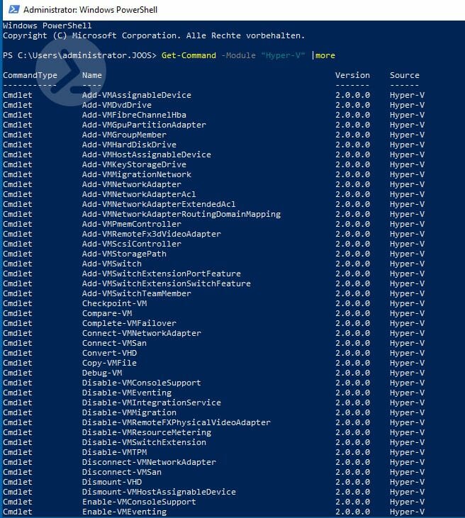 Output des Cmdlets „Get-Command“ mit dem Parameter „-Module Hyper-V“