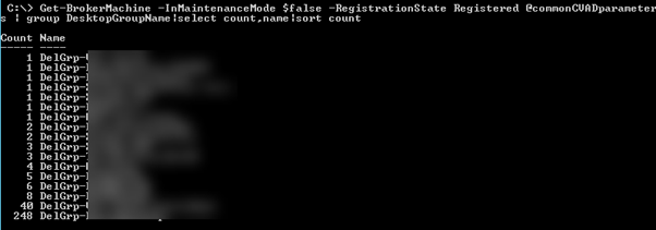 Screenshot: List of all CVAD Machines that are registered and not in maintenance mode, sorted by delivery group