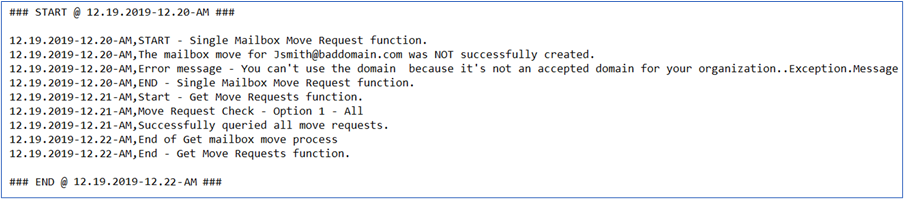 log file with START END errors logged