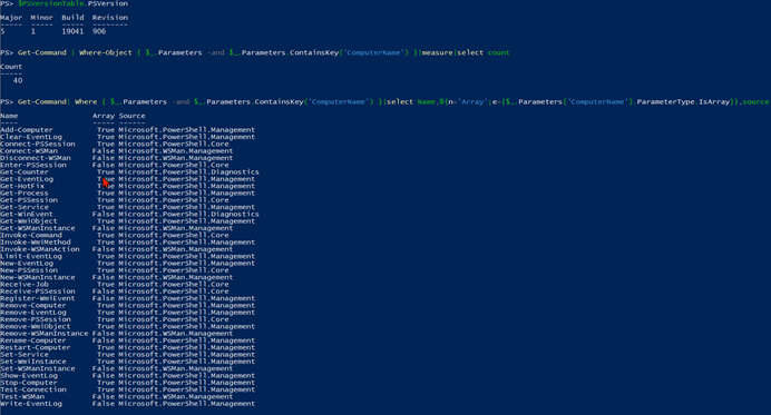 Screenshot: PowerShell-Ausgabe aller Cmdlets, die das Argument -computername akzeptieren.