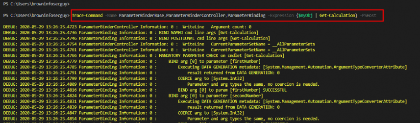 Screenshot: Using Trace-Command to examine parameter binding