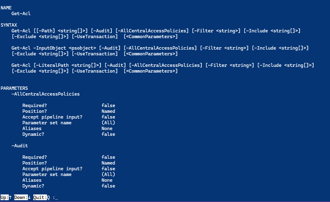 Anzeige der Hilfe für den PowerShell-Befehl 'Get-Acl' mit PSReadLine.