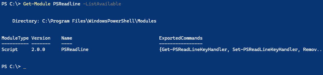 PowerShell-Bildschirm auf Windows 10, der eine nicht aktualisierte Version von PSReadLine zeigt.