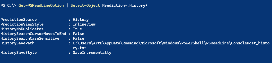 PowerShell-Befehlsoptionen für PSReadLine, die Benutzereinstellungen anzeigen.
