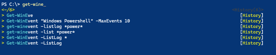 PowerShell zeigt eine Liste früherer Befehle mit PSReadLine-Befehlsvorhersage.