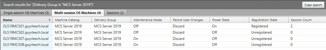 Das Suchergebnis zeigt alle VMs, die Teil der „MCS Server 2019“-Bereitstellungsgruppe sind